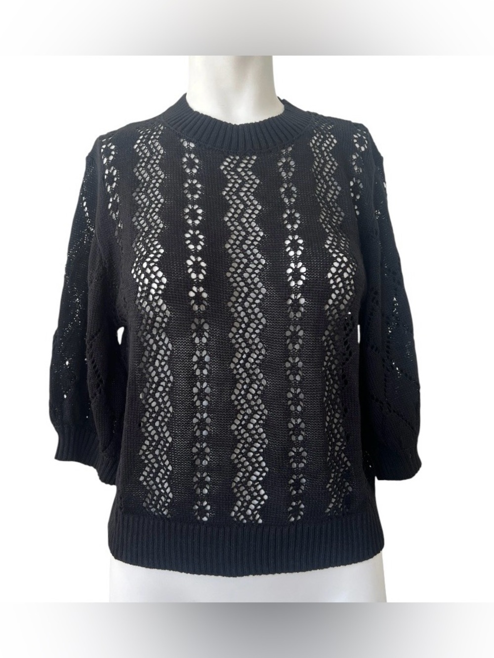Black Openwork Crewneck Sweater
